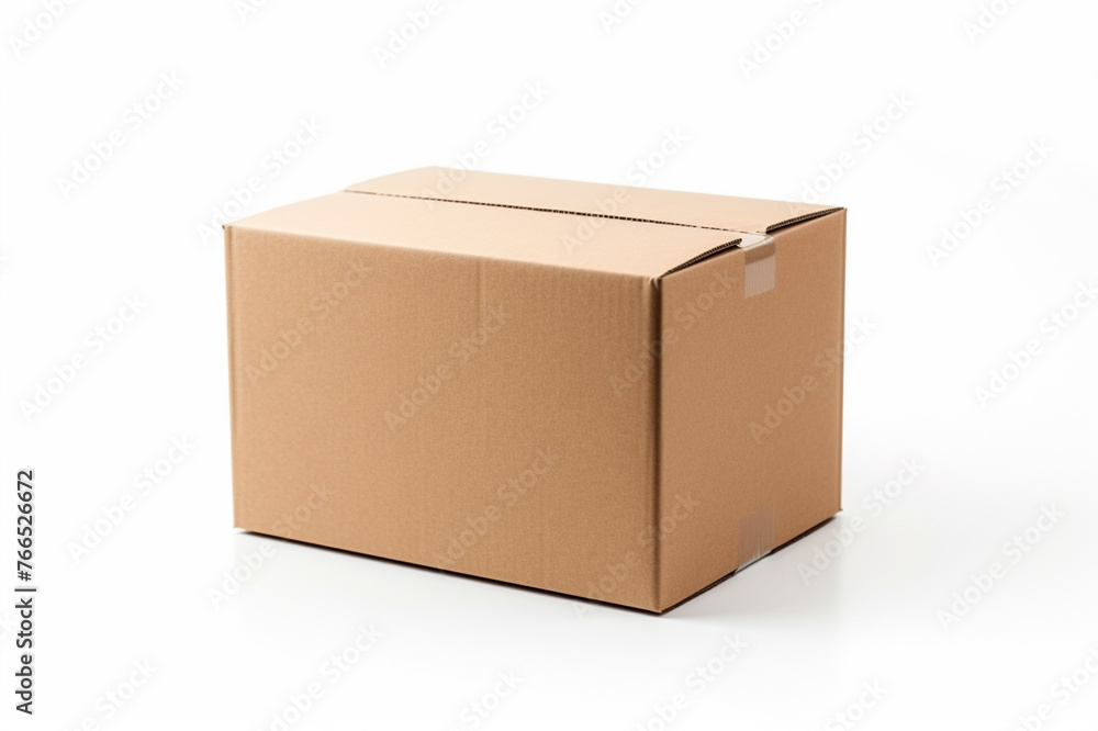 Single empty cardboard box with blank label, on a solid white background, box slightly tilted forward, Single empty cardboard box with blank label, on a solid white background, box slightly tilted forward,