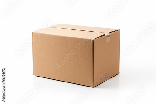Single empty cardboard box with blank label, on a solid white background, box slightly tilted forward,