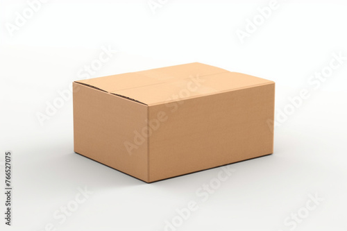 Single empty cardboard box with blank label, on a solid white background, lid completely open and flattened out, © Khurram