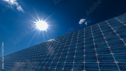 Solar panel background. Sun Above the Solar Farm. 3d rendering (ID: 766527084)