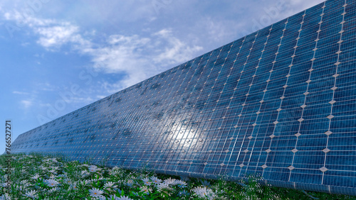 Solar panel background. Sun Above the Solar Farm. 3d rendering (ID: 766527271)