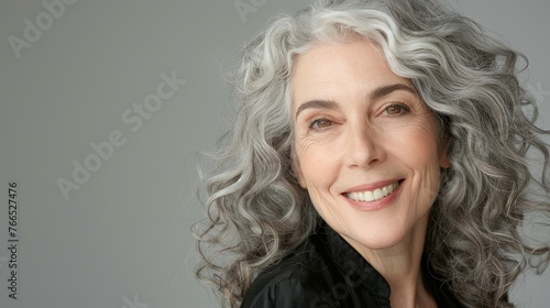 Portrait of happy senior woman smiling at home. Old man relaxing Portrait of elderly woman enjoying retirement. isolated on gray background, with copy space. black shirt