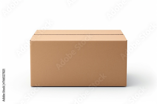 Single empty cardboard box with blank label, on a solid white background, lid flipped open to the side, © Khurram
