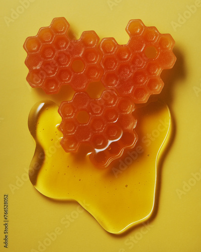 Honeycomb in liquid honey on yellow background