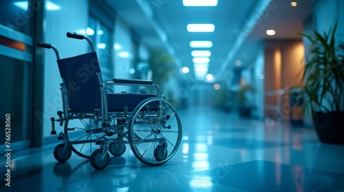 An empty wheelchair stands in a dimly lit hospital corridor, casting a somber mood and evoking stories of healthcare journeys. © Zhanna