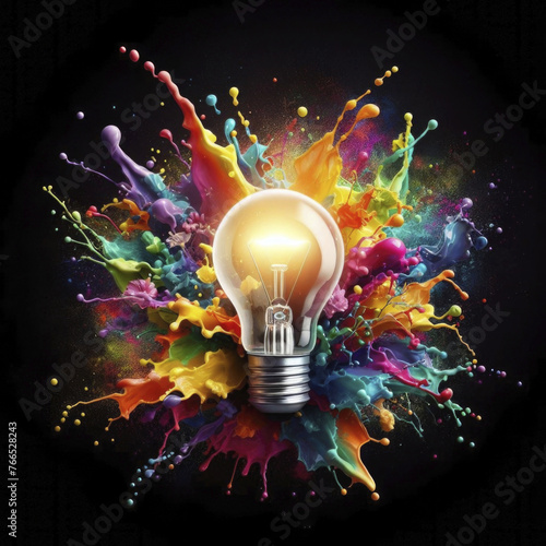 Light bulb against the background of splashes of multi-colored paints. 