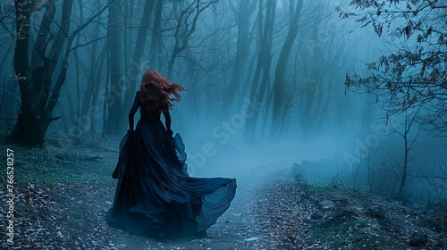 black widow long dark silk fly fabric dress, scary horror woman red hair runs mystery forest turned away black lady night walk gothic blue fog nature tree