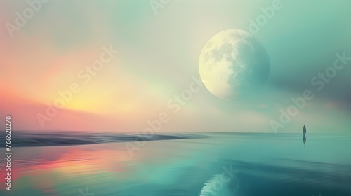 Surreal Moonlit Seascape at Dusk with Silhouetted Horizon and Serene Reflections on Calm Waters