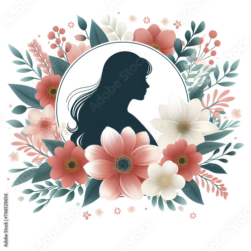 Graphic illustration with the silhouette of a woman surrounded by flowers to congratulate
