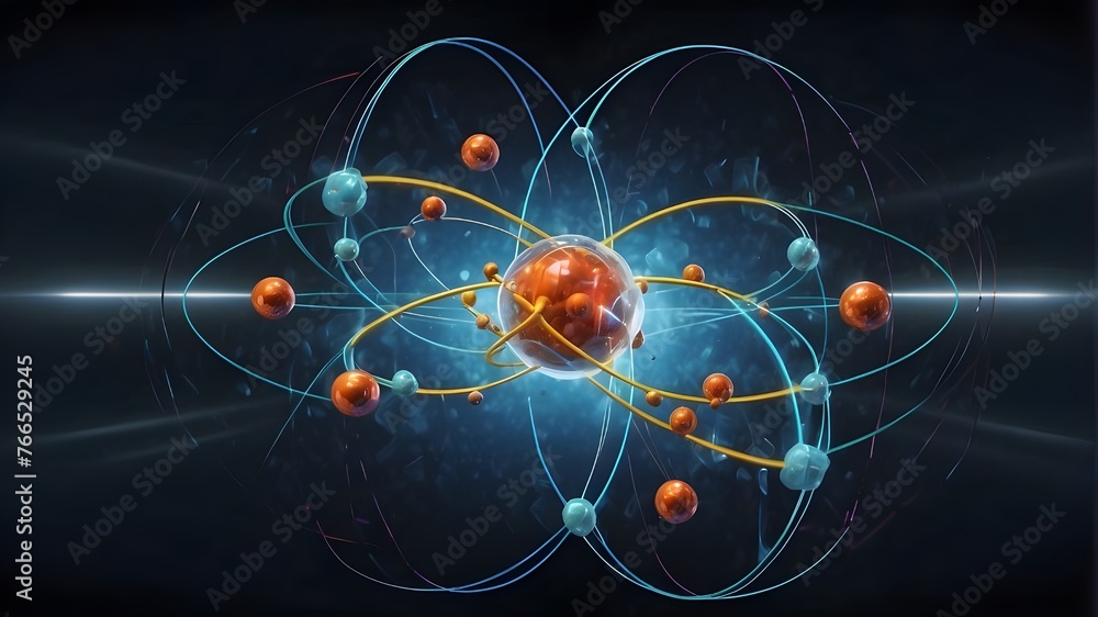 dark backdrop, irradiation science, electrons, neutrons, protons, and neon in the bautiful depiction of the inner beauty of an atom, featuring overlapping rings and luminous orbs in space.