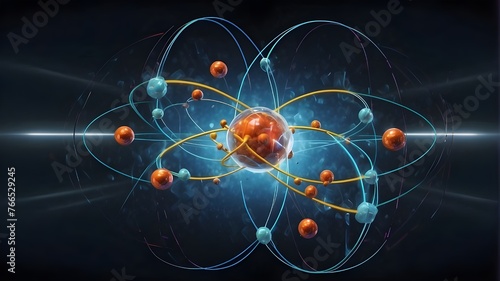 dark backdrop, irradiation science, electrons, neutrons, protons, and neon in the bautiful depiction of the inner beauty of an atom, featuring overlapping rings and luminous orbs in space. photo