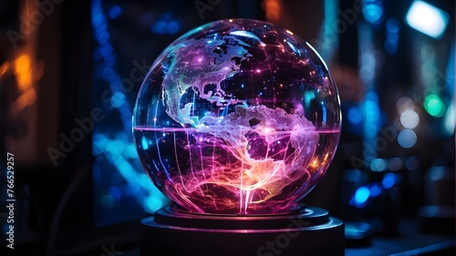 Magic crystal ball for future forecasting on a stunning purple galaxy background