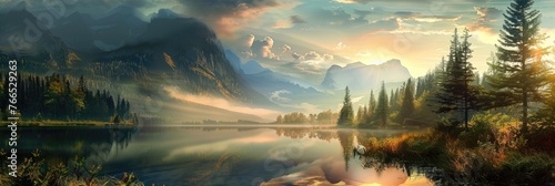 A tranquil lake near a stunning mountain landscape