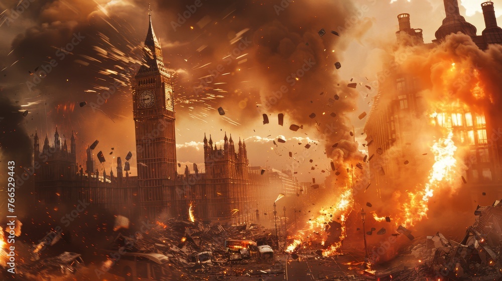 Fictional illustration of London under attack - Big Ben in fire, flames and smoke