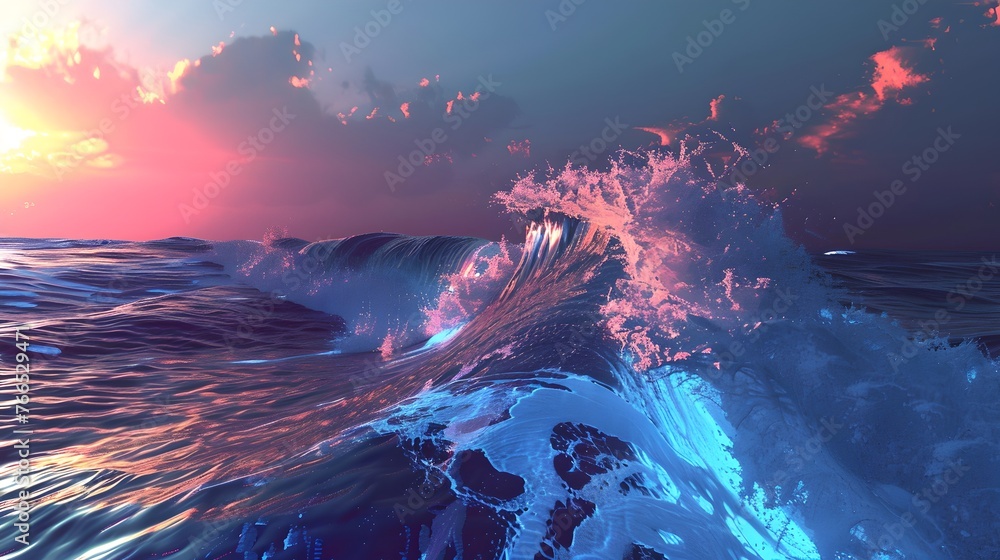 Vibrant Ocean Wave at Sunset, Dramatic Seascape with Pink Skies. Serene Nature Scene, Perfect for Wall Art and Backgrounds. AI