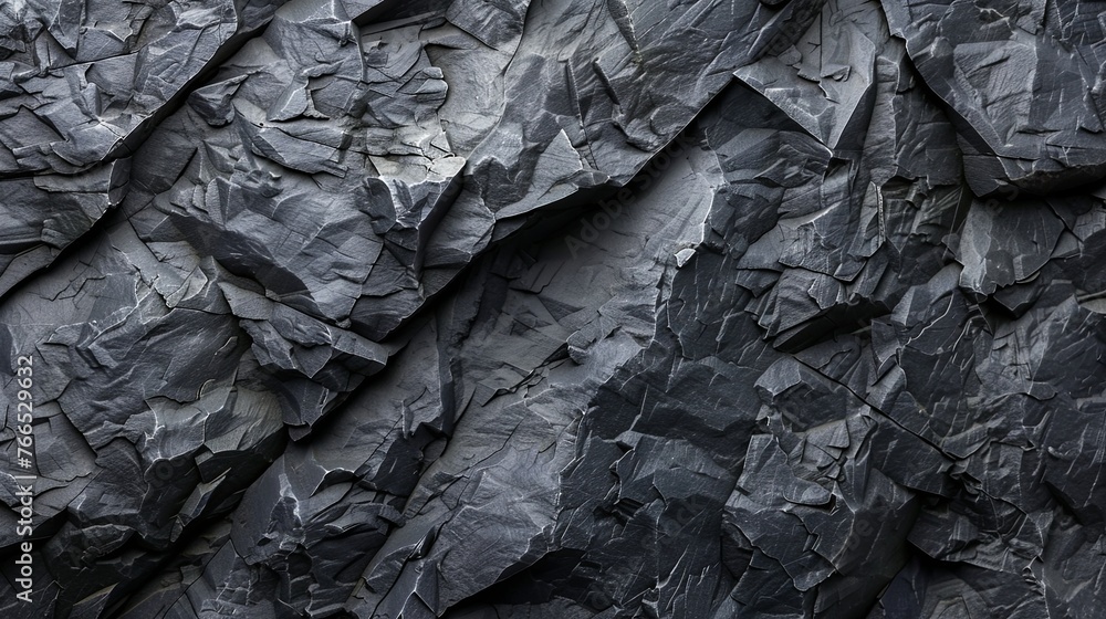 Dark Aged Shabby Cliff Face And Divided By Huge Cracks And Layers. Coarse, Rough Gray Stone Or Rock Texture Of Mountains, Background And Copy Space For Text On Theme Geology And Mountaineering. - obrazy, fototapety, plakaty 
