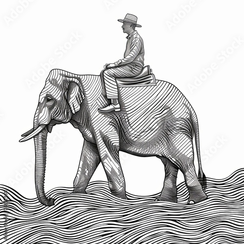 A man has saddled an elephant and is riding on its back. Black and white striped image in pencil drawing style. Illustration for cover  card  postcard  interior design  poster  brochure  presentation.