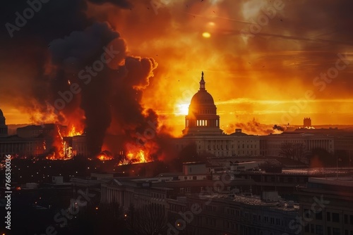 Fictional illustration - Washington DC bombed by rockets, explosions, fire, dark smoke - Capitolium inferno