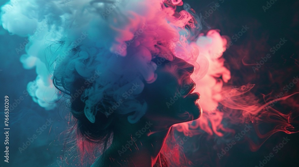 Double exposure woman and a cloud of neon smoke