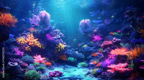 A vibrant coral reef teeming with bioluminescent life forms, all rendered with digital brushstrokes of code. © Thor.PJ