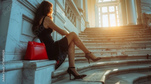 girl in black dress with big leather red handbag in high heel shoes sitting on the white stair