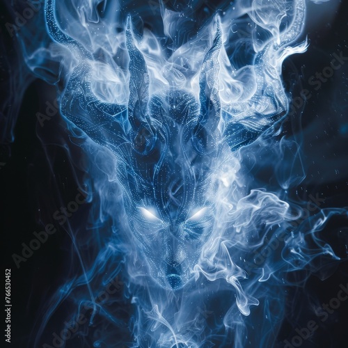 The 3D devil is formed by blue and gray Light. In the background in black color. Stylish in the styl