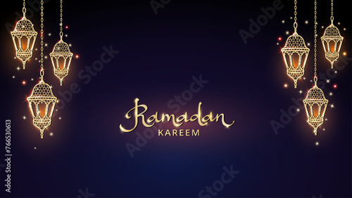 Ramadan or Al-Adha banner with golden shiny lanterns decoration. Hanging traditional eastern lamps. Islamic glowing border. Muslim holidays corner frame. Ramadan calligraphy in arabic style. Vector.