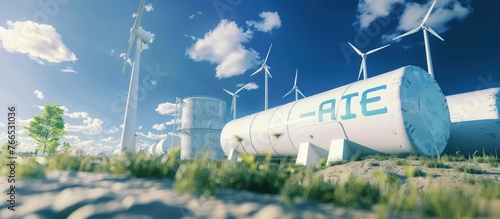 hydrogen pipeline with wind turbines with blue sky