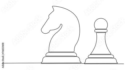 Two chess pieces continuous one line drawn.  Horse and pawn chess figure. Vector illustration isolated on white. © Віталій Баріда