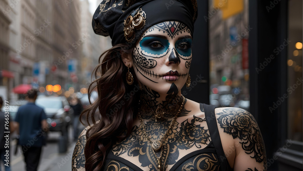 Mujer con tatuajes de Catrina. Personaje típico de la celebración del Día de Muertos en México. Hermosa modelo al estilo Punk, en las calles de una gran ciudad. Mujer con tatuajes de Catrina. Personaje típico de la celebración del Día de Muertos en México. Hermosa modelo al estilo Punk, en las calles de una gran ciudad.