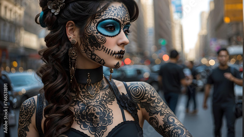 Mujer con tatuajes de Catrina. Personaje típico de la celebración del Día de Muertos en México. Hermosa modelo al estilo Punk, en las calles de una gran ciudad.
