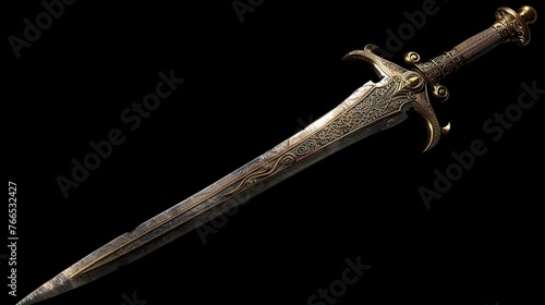 Old sword medieval weapon blade equipment with ornate handle isolated on black background