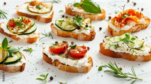 only one Bruschetta, bread toast, canape with cream cheese, zucchini and dried tomato with herbs cut out on white background