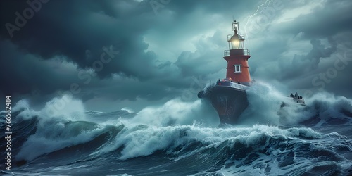 Rescue Teams Use Lighthouse Beacon to Save Crew from Sinking Shipwreck in Stormy Seas. Concept Rescue Mission, Lighthouse Beacon, Sinking Shipwreck, Stormy Seas, Emergency Response