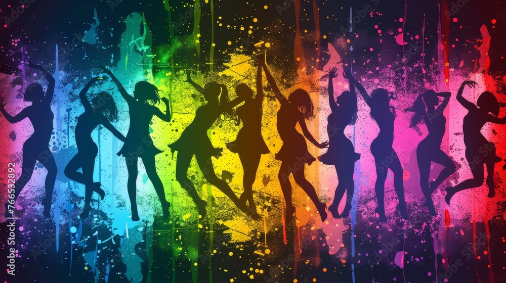 A group of women dancing in silhouette on a rainbow colored background, AI