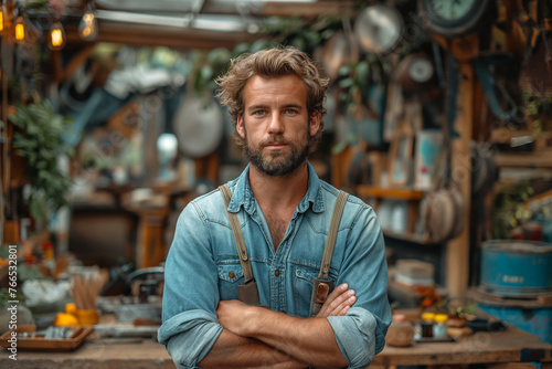 Man Standing With Arms Crossed in Shop