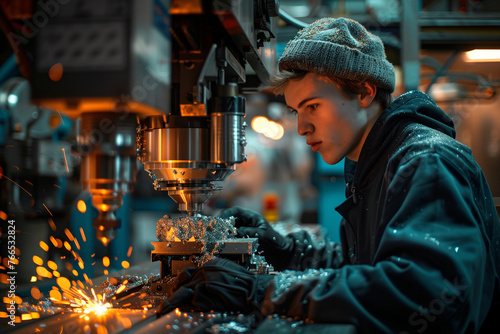 Man working at a milling machine in a factory