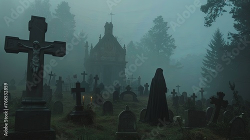 A cemetery with tombstones in the form of crosses is immersed in fog. The figure of a woman surrounded by graves. Bereavement. Illustration for cover, card, poster, brochure or presentation.