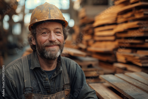 Man in Hard Hat With Stacks of Lumber