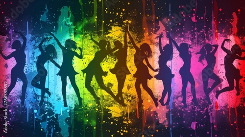 A group of women dancing in silhouette on a rainbow colored background, AI