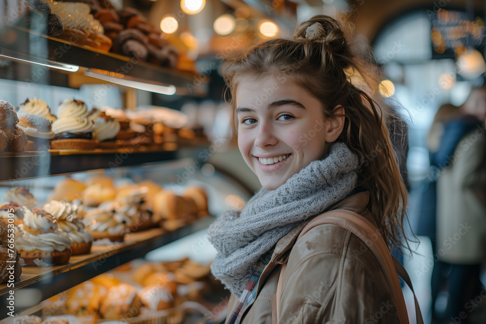 Woman Standing in Front of Baked Goods Display Woman Standing in Front of Baked Goods Display