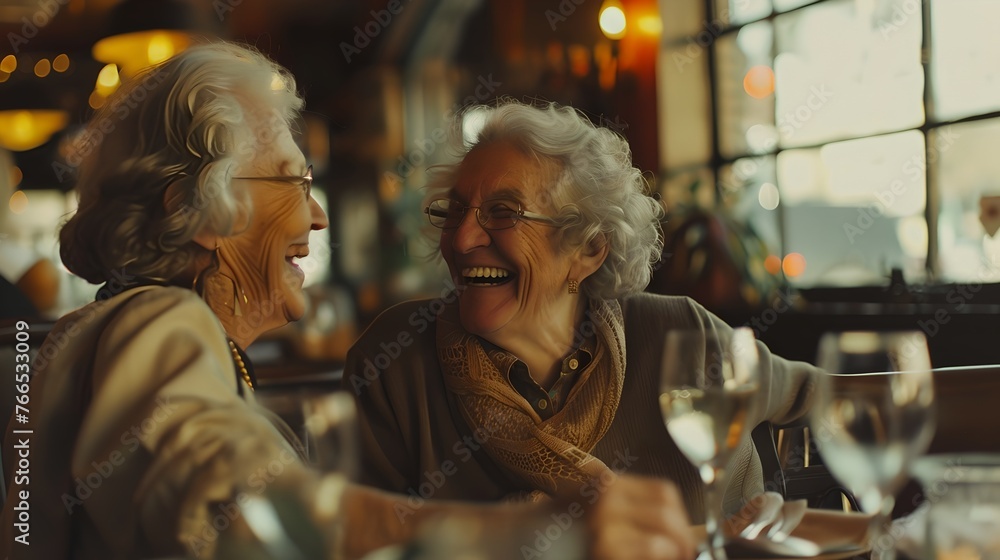 Joyful Senior Women Sharing a Laugh in a Cozy Restaurant. Candid Moment Captured in Warm Hues. Lifestyle Portrait of Elderly Friends Enjoying Life. AI Joyful Senior Women Sharing a Laugh in a Cozy Restaurant. Candid Moment Captured in Warm Hues. Lifestyle Portrait of Elderly Friends Enjoying Life. AI