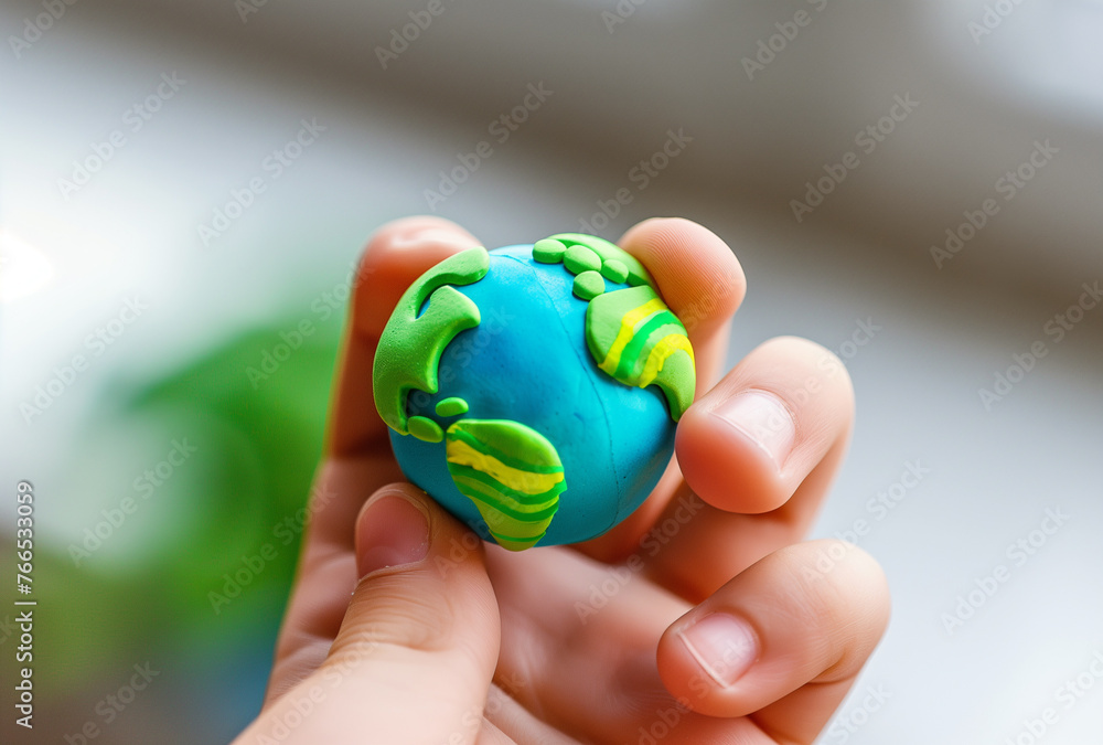 A kid is holding a clay plasticine planet.