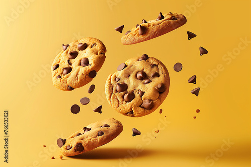 chocolate chip cookies floating in the air, space for copy.