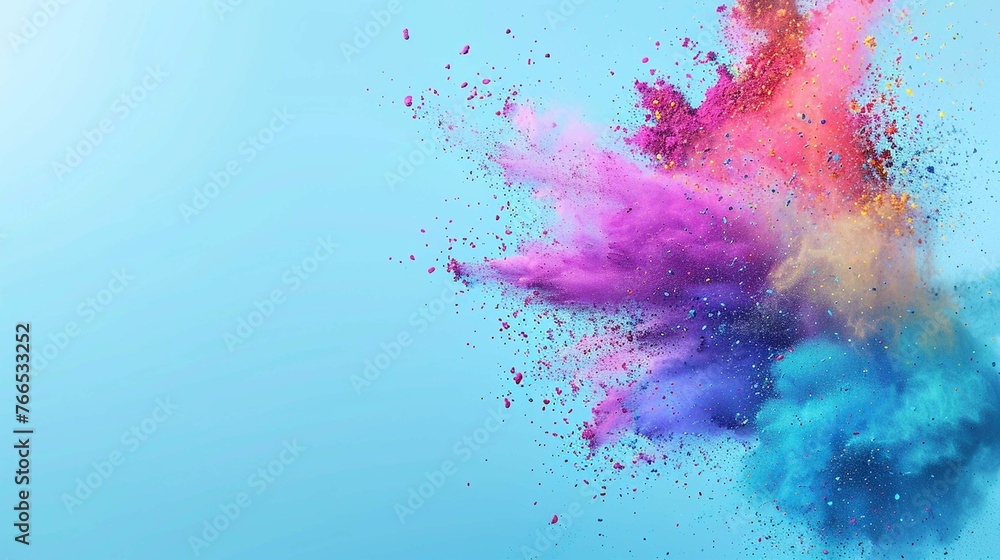 Rainbow blast holi colorful powder explosion on pestle blue background