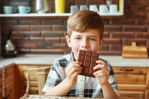 Boy eating chocolate in the kitchen at home. Unhealthy food for children