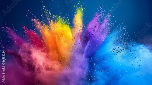 Rainbow blast holi colorful powder explosion on pestle blue background