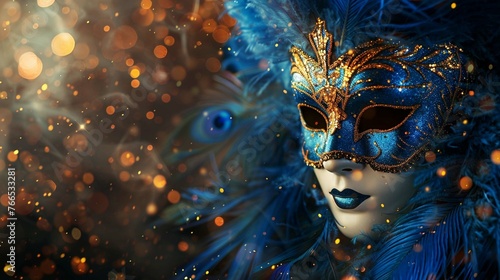 Realistic luxury carnival mask with blue feathers. Abstract blurred background, gold dust © Naila