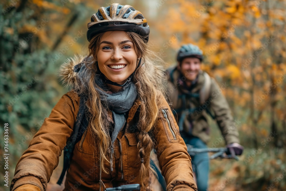 Man and Woman Riding Bikes in the Woods Man and Woman Riding Bikes in the Woods