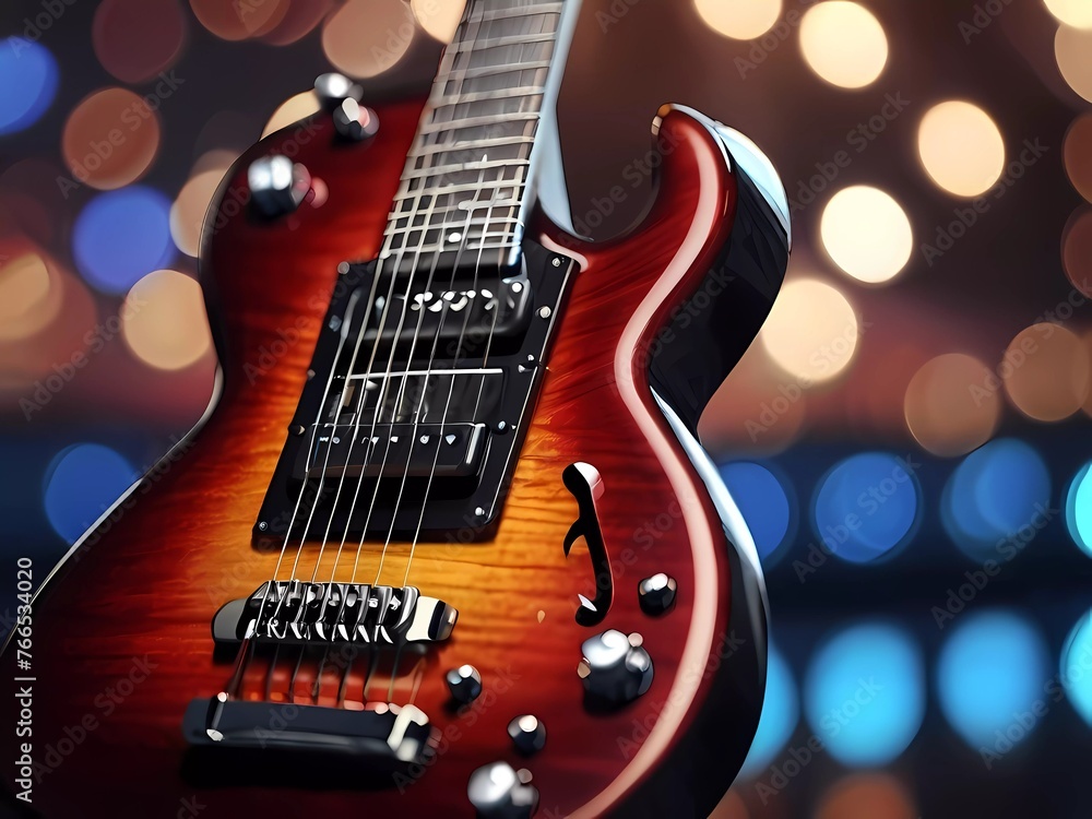 Music holiday composition with close up electronic guitar on blurred concert background Music holiday composition with close up electronic guitar on blurred concert background